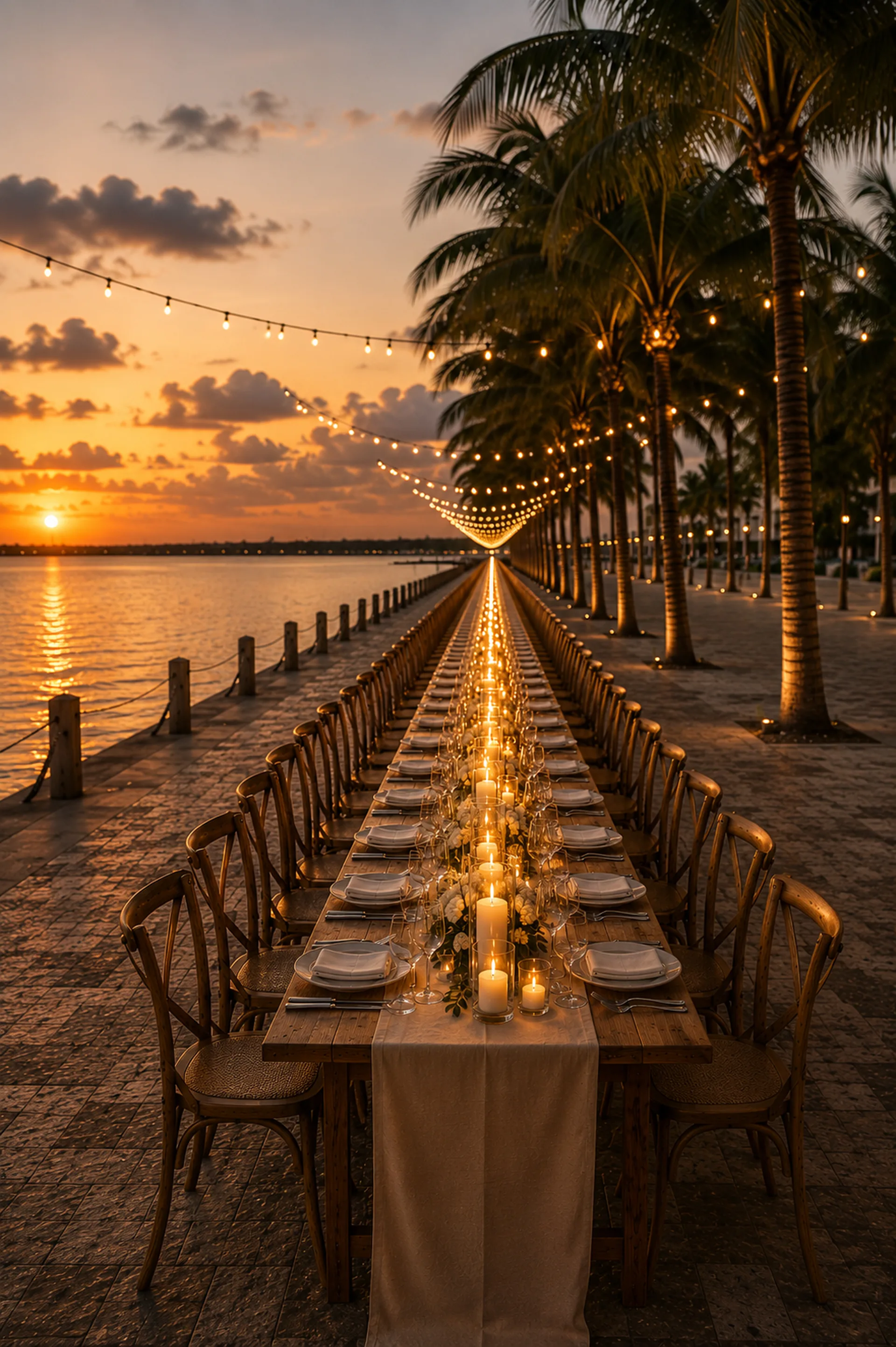 A long candlelit table stretching along the Nassau waterfront under palm trees and string lights at sunset