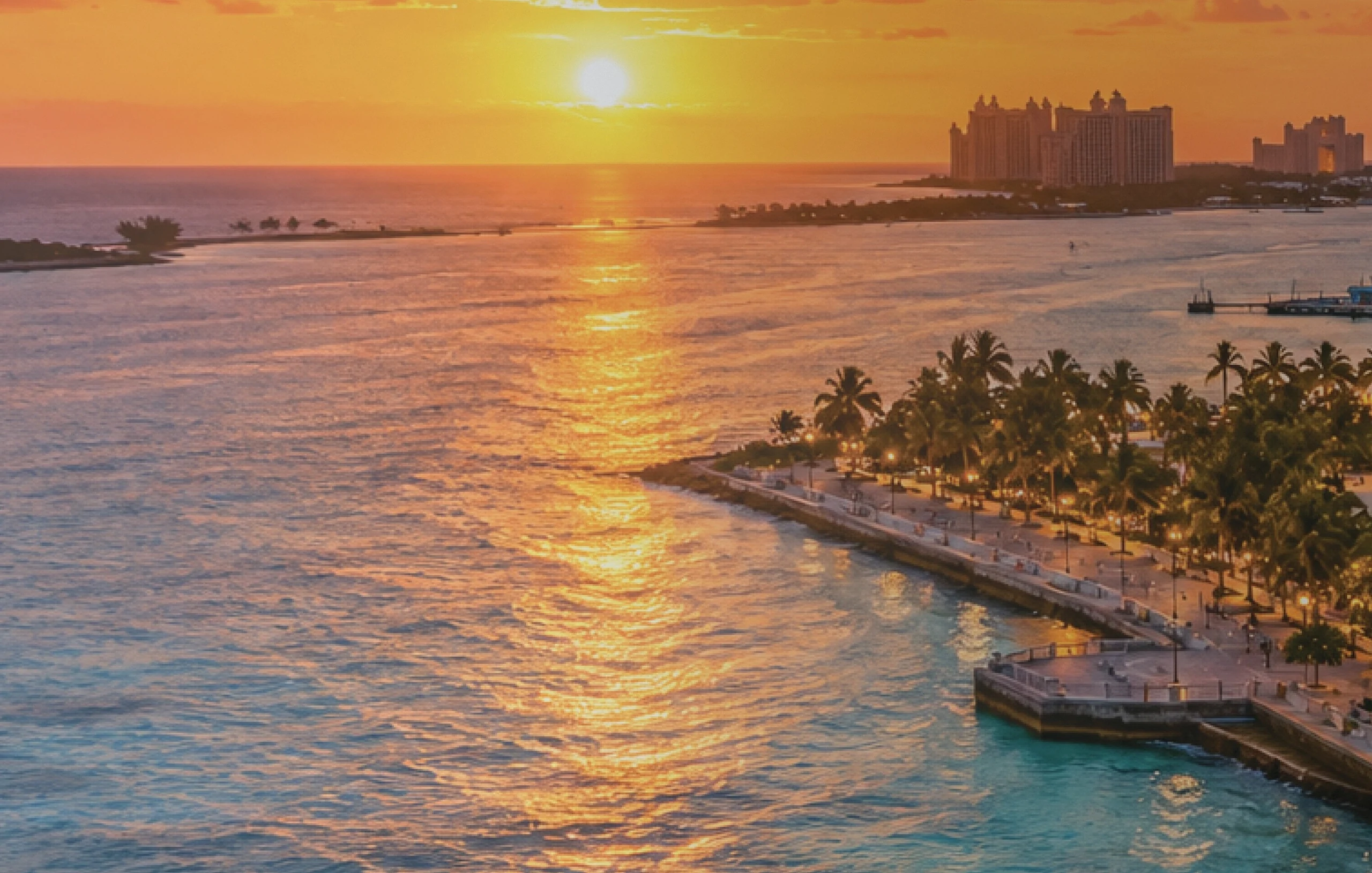 Aerial view of the Nassau waterfront and Western Esplanade at sunset