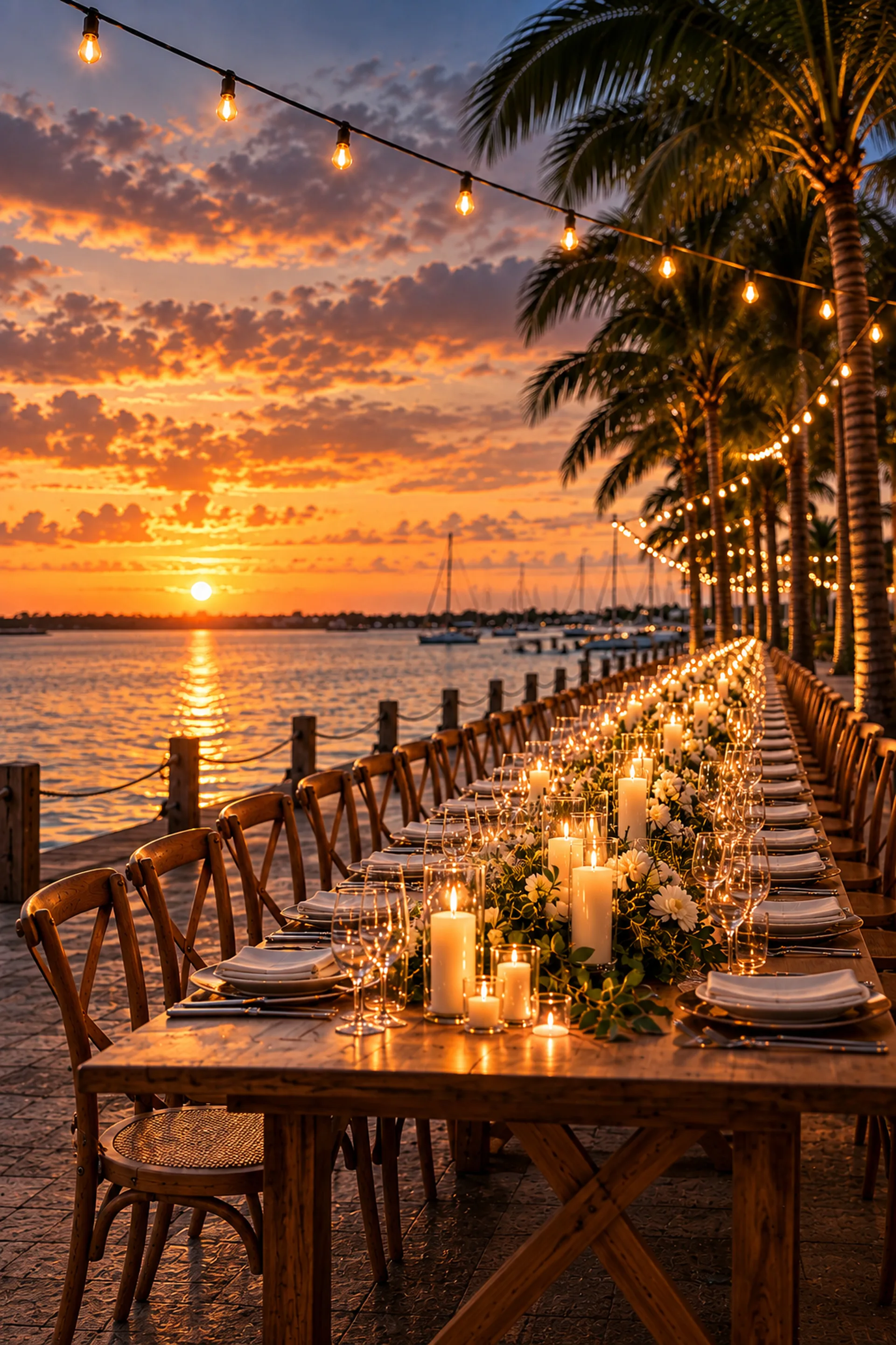 Candles, white flowers and place settings along a waterfront table at sunset, with boats on the water