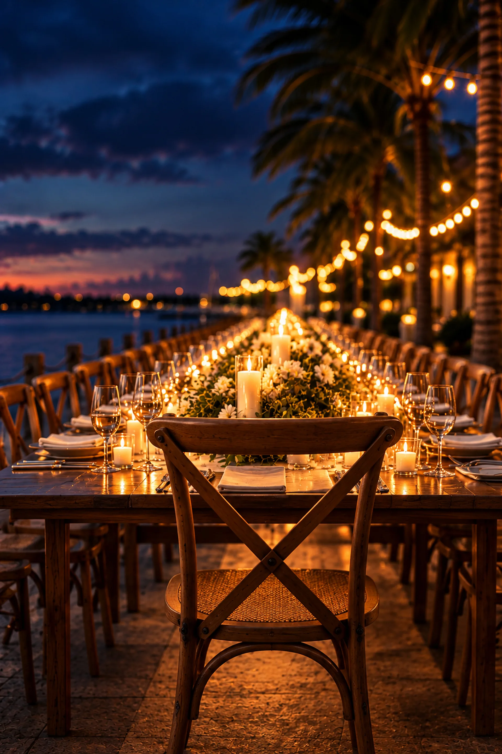 A wooden chair at a candlelit waterfront table at dusk